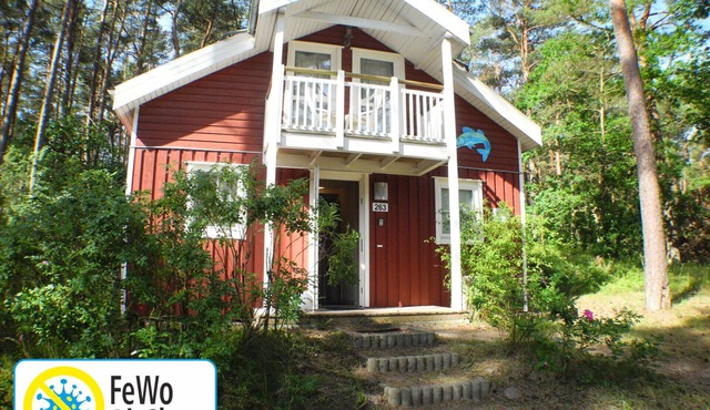 Child-friendly vacation home Hagebutte 263 in Baabe. Awarded the FeWoAirClean seal. Wellness indulgence with a sauna and hot tub. Wooden deck with patio furniture surrounded by nature in Baabe